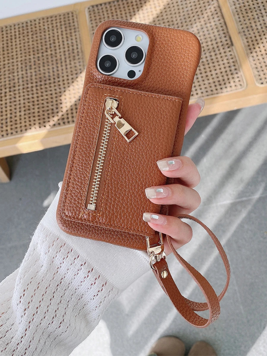 Luxury Lanyard Fold Card Holder PU Leather Case For iPhone Lichee Pattern Mirror Zipper Cover