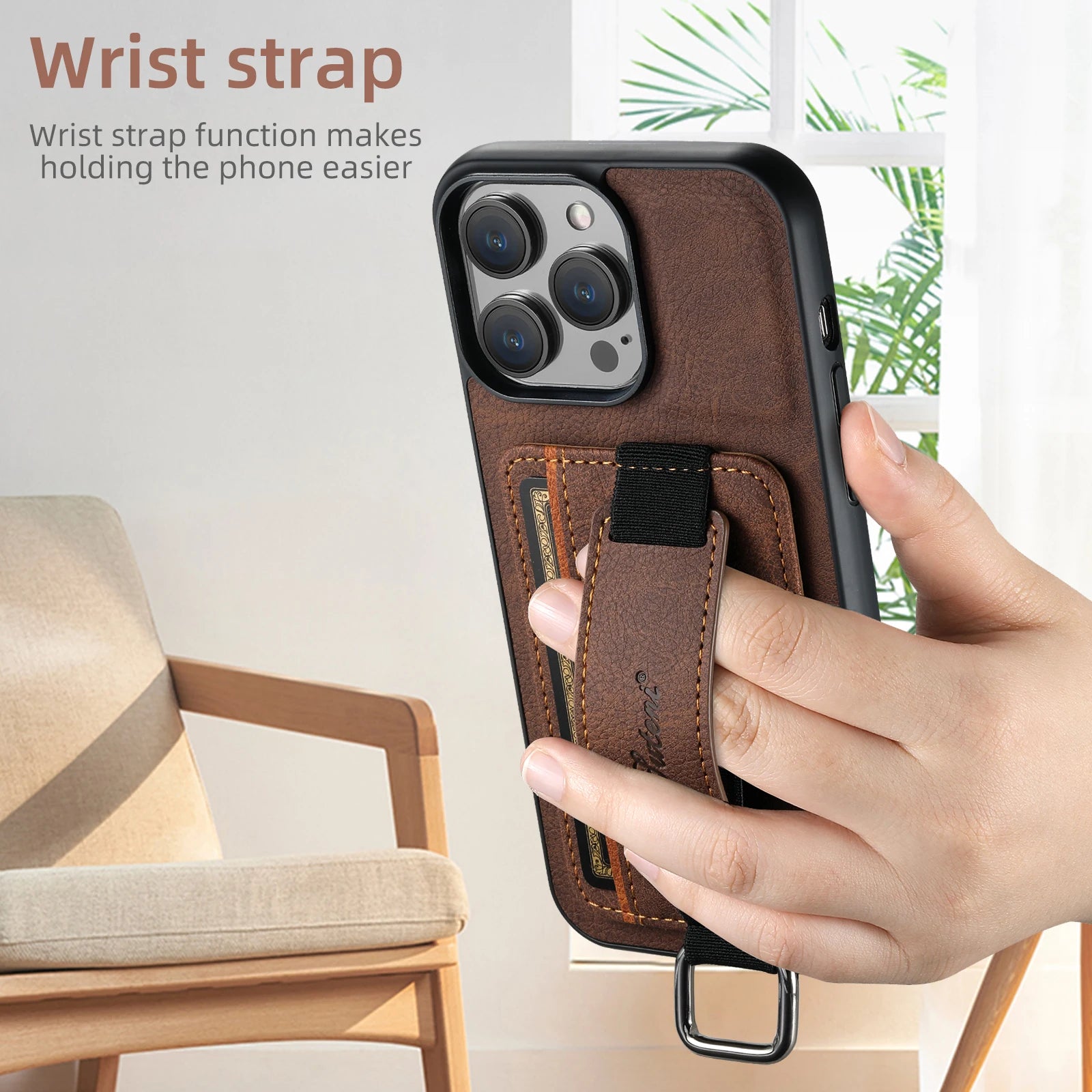 Luxury Leather Card Holder Phone Case For iPhone | Wrist Ring Shell Wallet Shockproof Cover