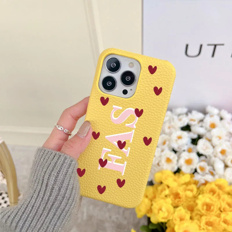 Personalized Love Hearts PU Leather Case with Custom Name & Initials for iPhone 11-16 Pro Max｜Luxury Hard Half-Wrapped Cover