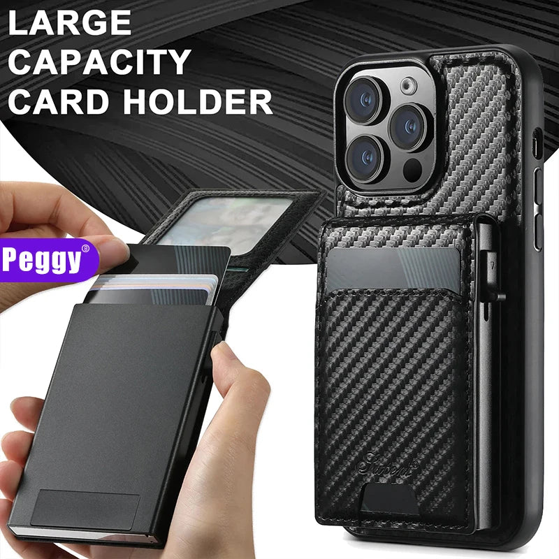 Carbon Fiber Leather 2in1 Card Box Magnetic Phone Case For iPhone 16 15 14 13 12 Pro Max Plus Wallet For Wireless Charging Cover