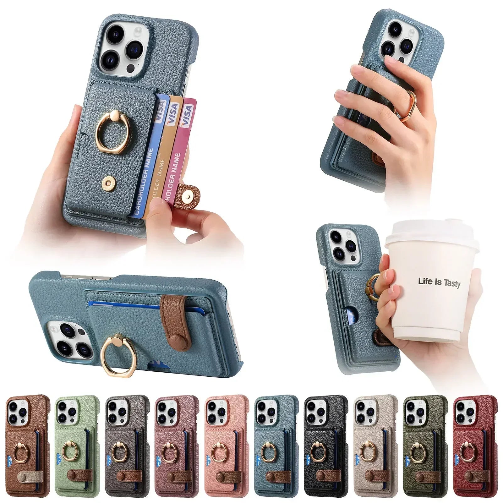 Leather Ring Support Phone Case for IPhone | Wallet with Card Holder Shockproof Cover