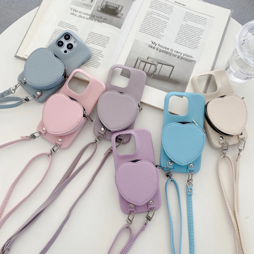 Zipper Crossbody Phone Case Earphone Case Cards Bag Coin Purse Wallet Cover For iPhone With Lanyard