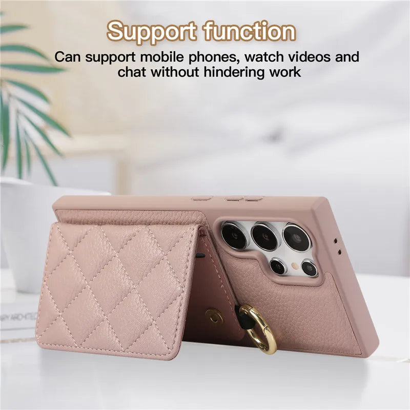 Luxurious Lichee Pattern Card Stand Holder Crossbody Wallet Case for Samsung Galaxy S Series