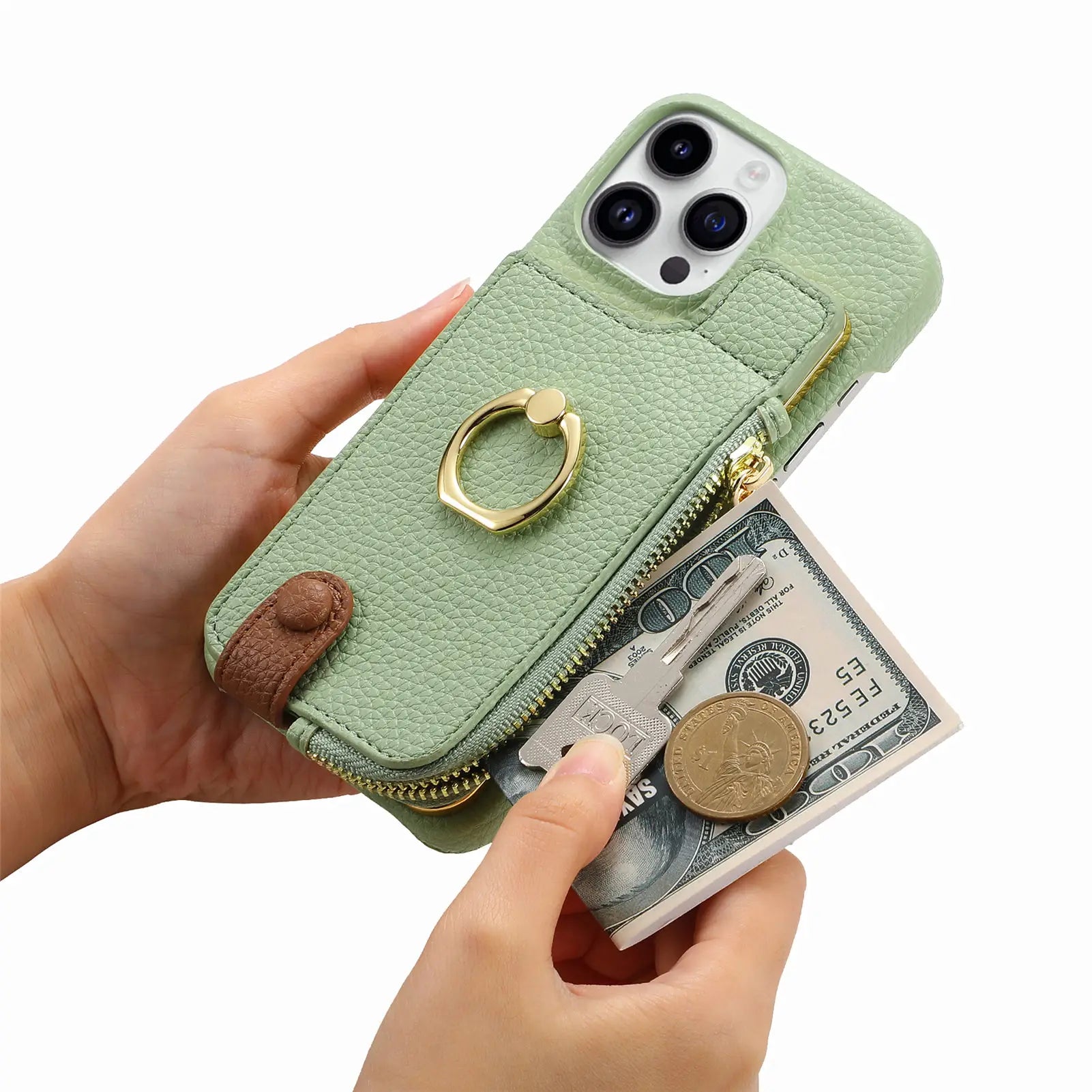 Ring Wrist Strap Leather Wallet with Card Holder Phone Case