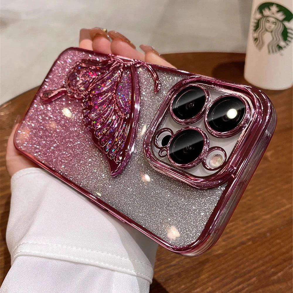 Plating Bumper Flash Glitter Butterfly Phone Case For iPhone Lens Protector Cover