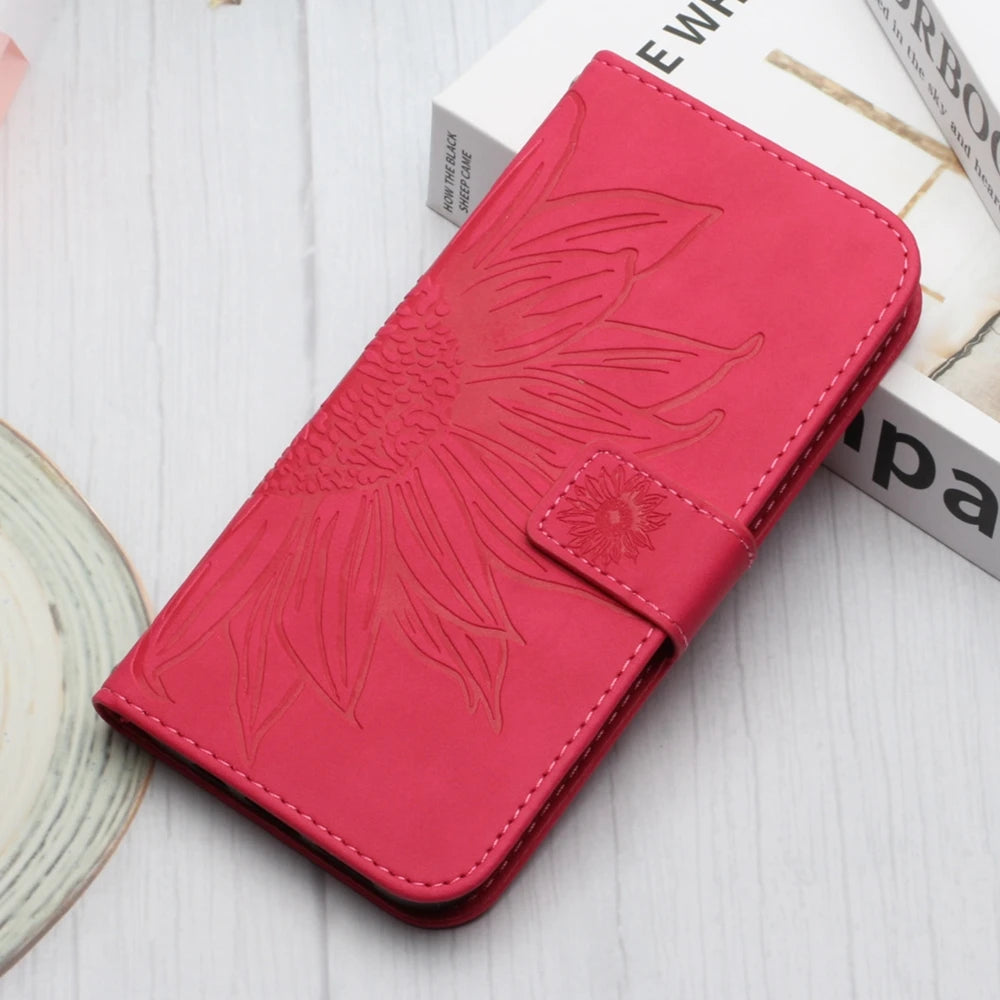 Sunflower Leather Wallet Flip Phone Case for iPhone 16 15 14 13 12 11 Pro Max Plus Mini X XR – Card Holder, Shockproof, Stand, Magnetic Closure