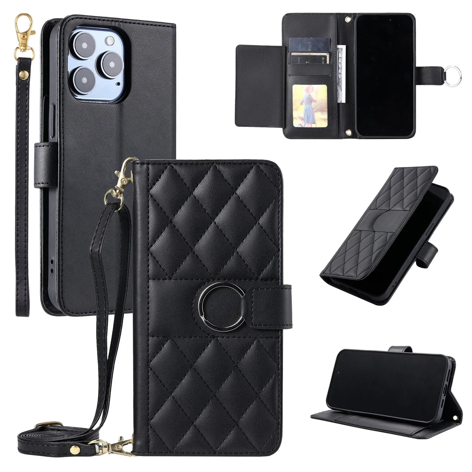 Luxury Crossbody Wallet Phone Case Ring Buckle Premium Leather Cards Slot Case for iPhone 16 15 14 13 12 11 Pro Max Plus