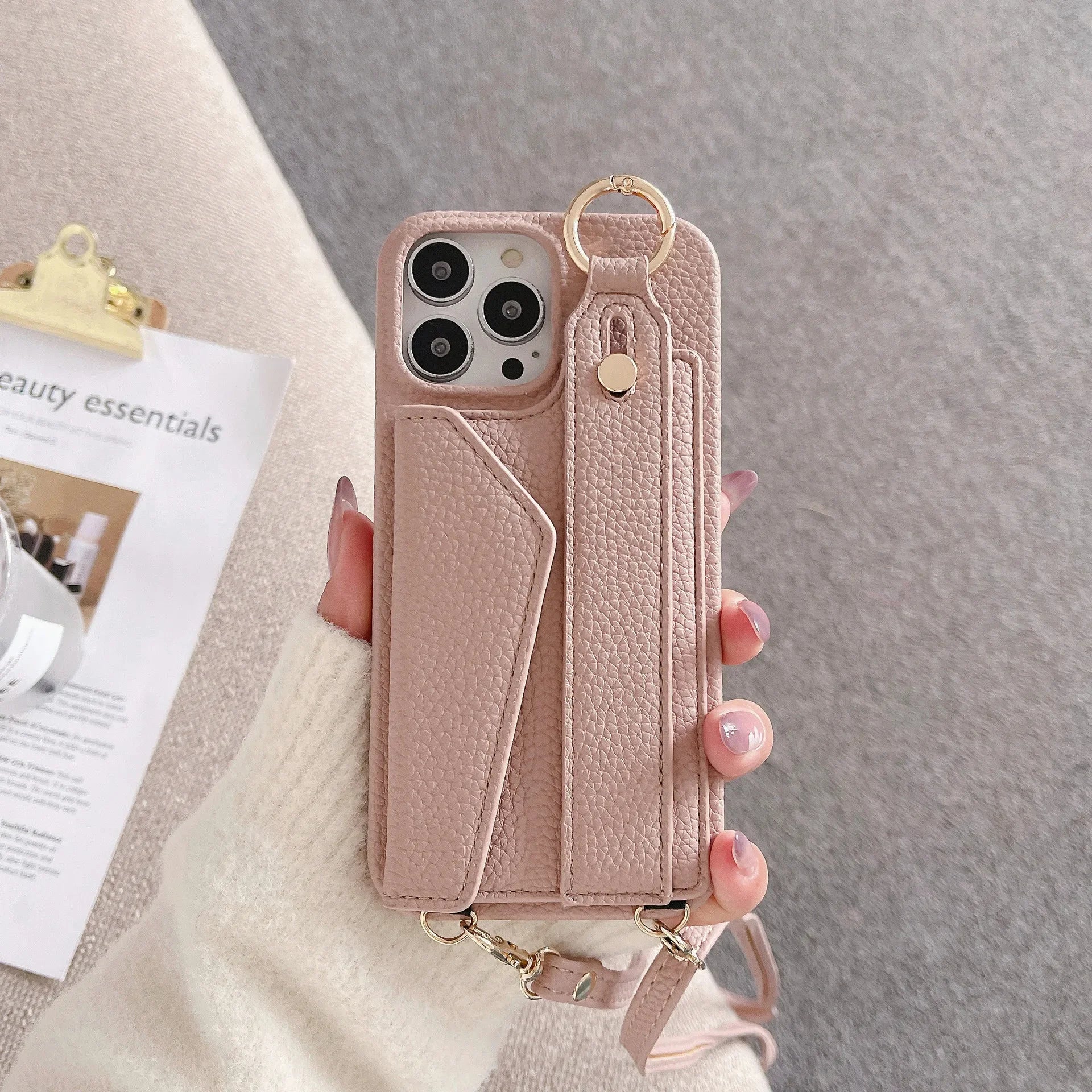 Ring Crossbody Wrist Strap Wallet Leather Cover for IPhone 16 15 14 13 12 11 Pro Max Phone Case with Card Slot Holder Lanyard