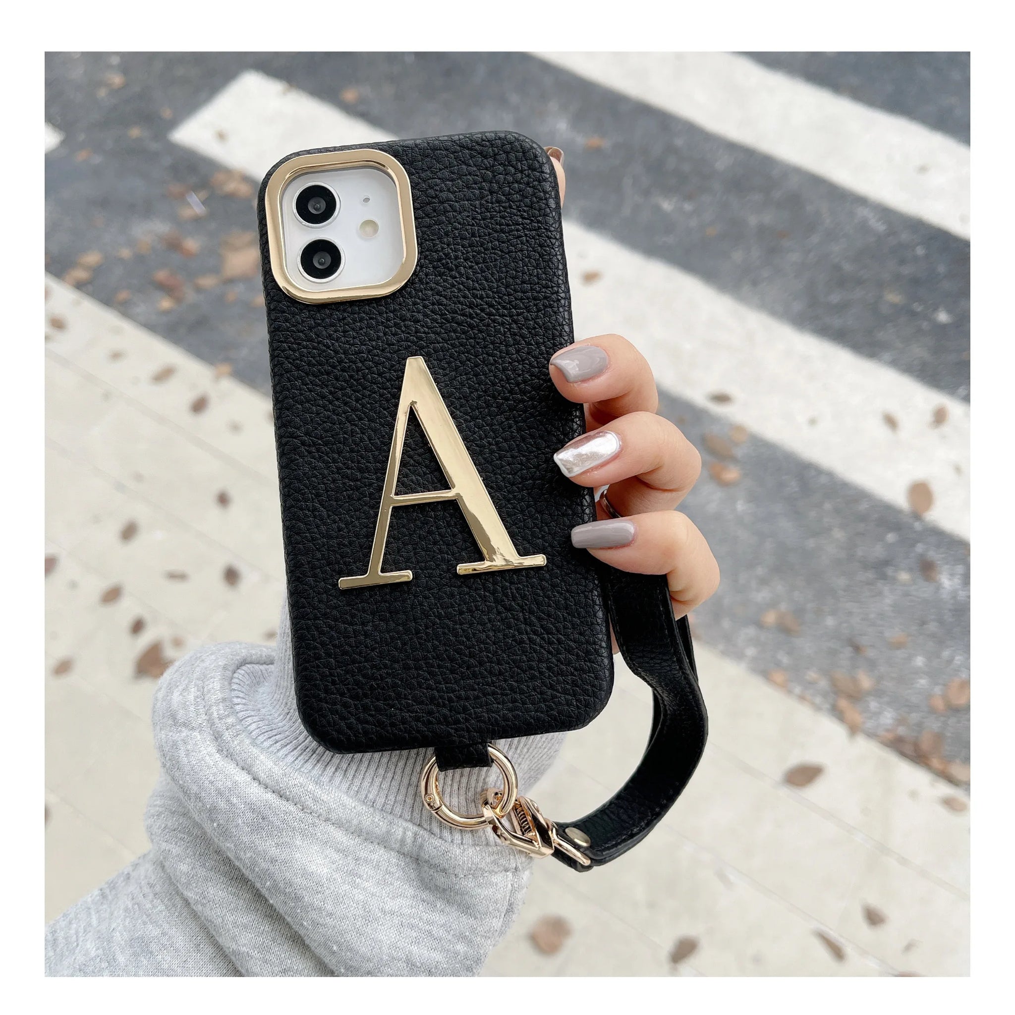 Leather Custom Initial Leather Hand Rope Gold Letters Phone Case For iPhone16 15 14 13 12 11 Pro Max Plus Pro Cover