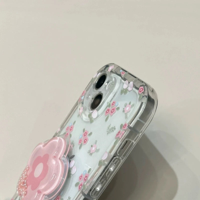 Cute Quicksand Pink Flower Holder Phone Case For iPhone Stand Floral Clear Soft Cover