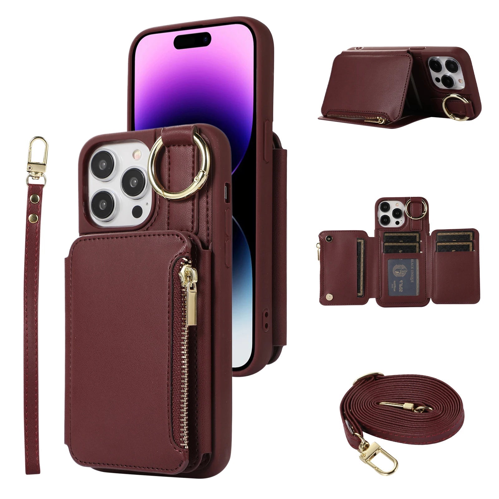 5-Card Slot Zipper Leather Wallet Phone Case for iPhone – Dual Layer, Ring Holder, Crossbody & Anti-Drop Cover with Long & Short Straps