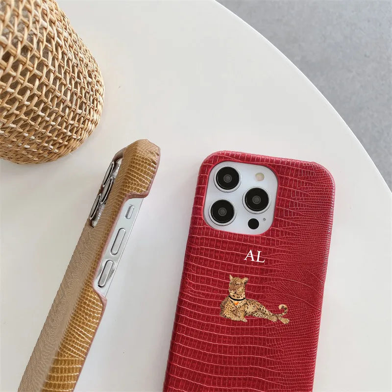 Personalized Initial Name Lizard Leopard PU Leather Case for iPhone 11-16 Pro Max｜Luxury Hard Half-Wrapped Cover