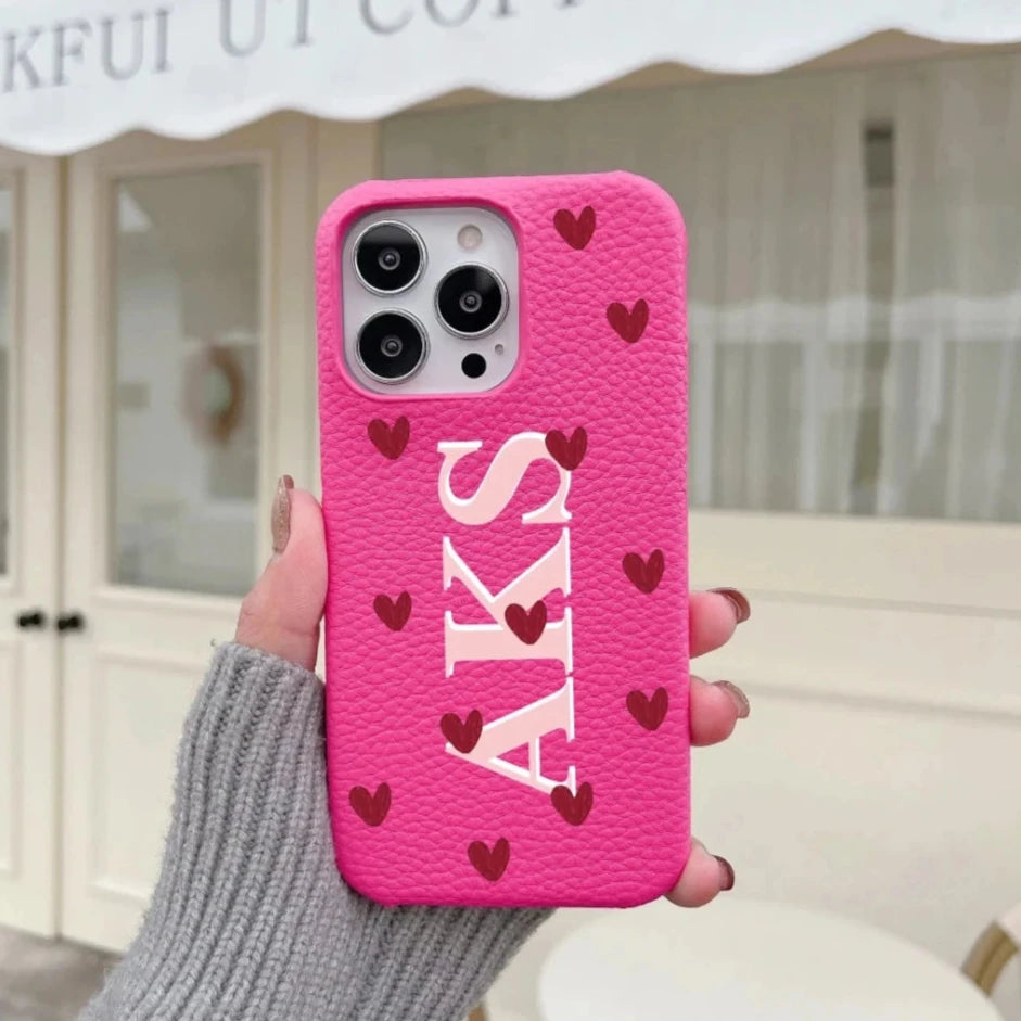 Personalized Love Hearts PU Leather Case with Custom Name & Initials for iPhone 11-16 Pro Max｜Luxury Hard Half-Wrapped Cover