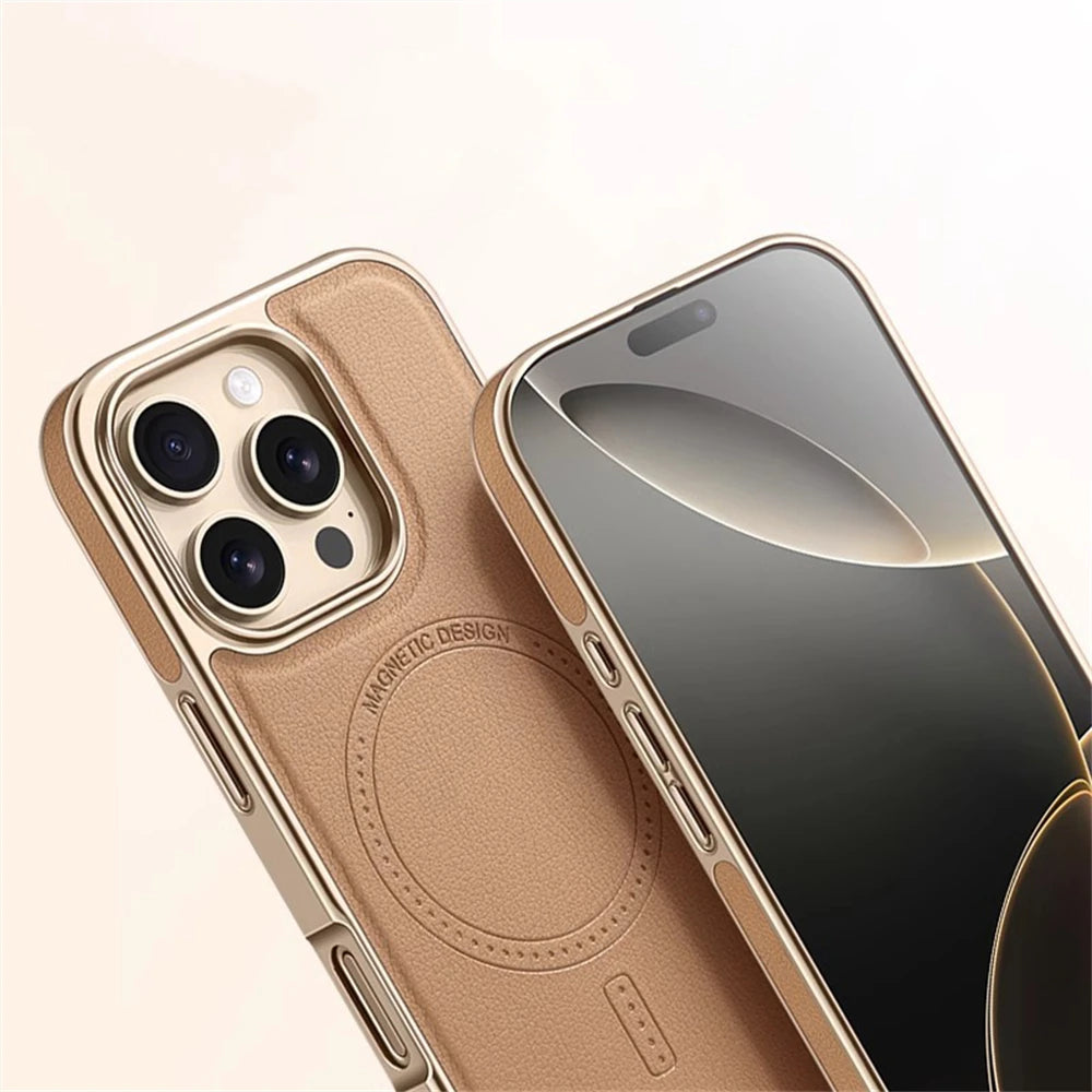 Luxury Business Plating Frame Leather Leather Case For MagSafe Magnetic Wireless Charge Back Case For iPhone Shockproof Cover