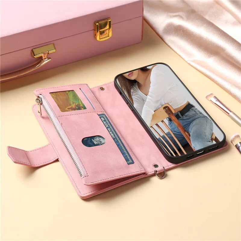 Long Lanyard Flip Leather Phone Case For iPhone Zipper Wallet Card Cover