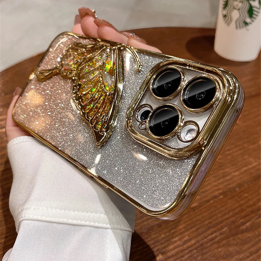 Plating Bumper Flash Glitter Butterfly Phone Case For iPhone Lens Protector Cover