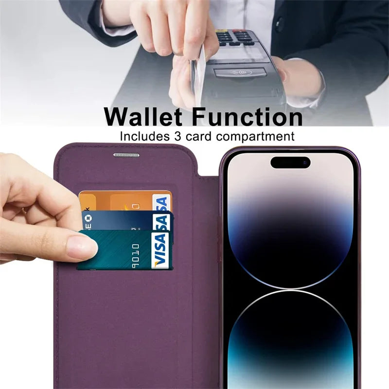 Wireless Charging Flip Leather Phone Case For iPhone Senior Clear Shockproof Business Card Slot Cover