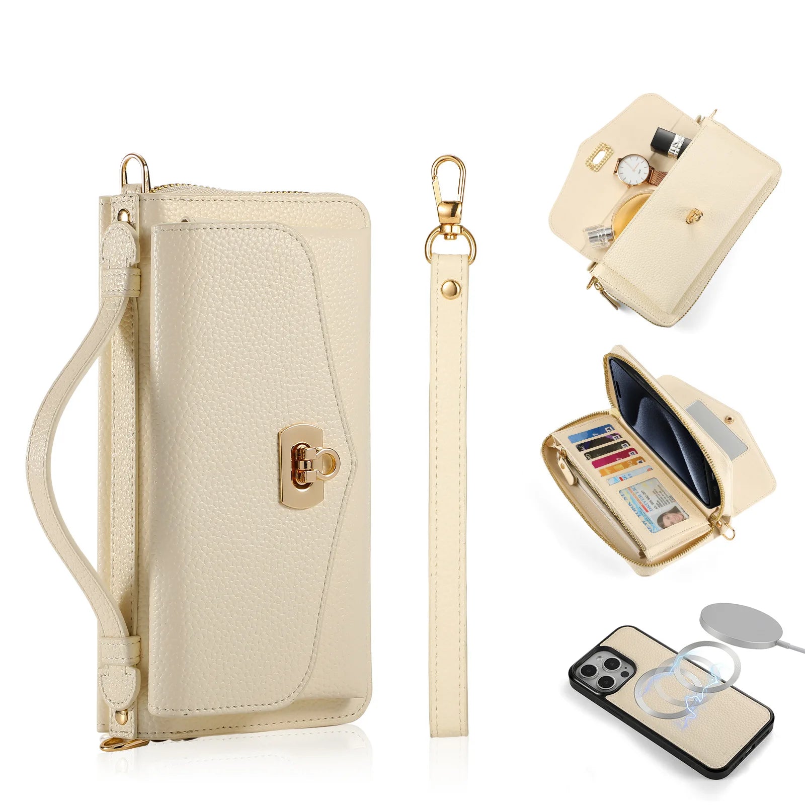 Wallet Shoulder Strap Phone Case for iPhone, Handbag Leather Card Pocket Lanyard Cover