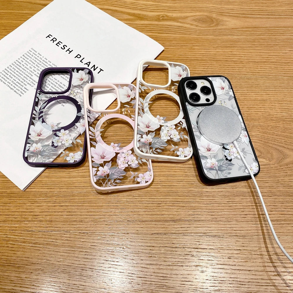 Flower Magnetic Phone Case For iphone Wireless Charging Creative Transparent Silicone Cover Back Case