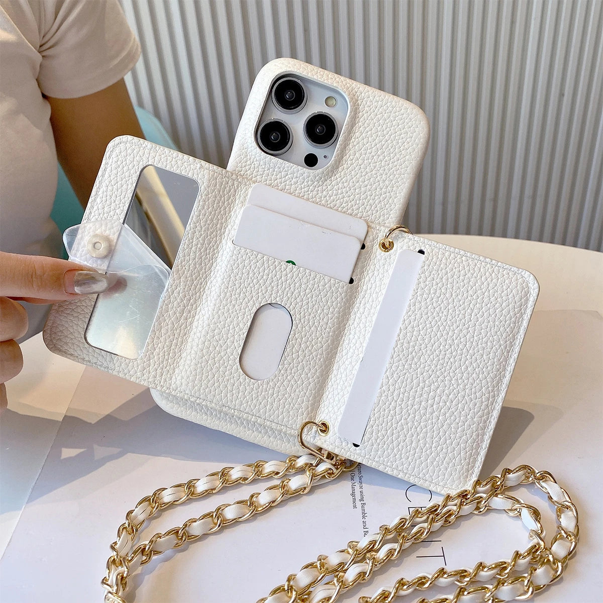 Metal Chain Strap Leather Wallet Phone Case For iPhone Small Mirror Card Holder