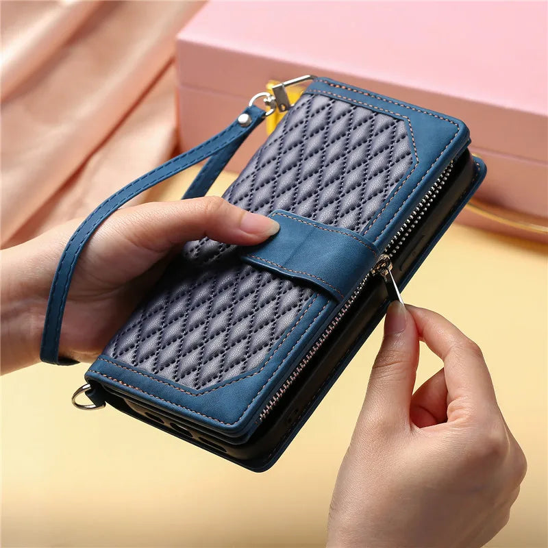 Long Lanyard Flip Leather Phone Case For iPhone Zipper Wallet Card Cover