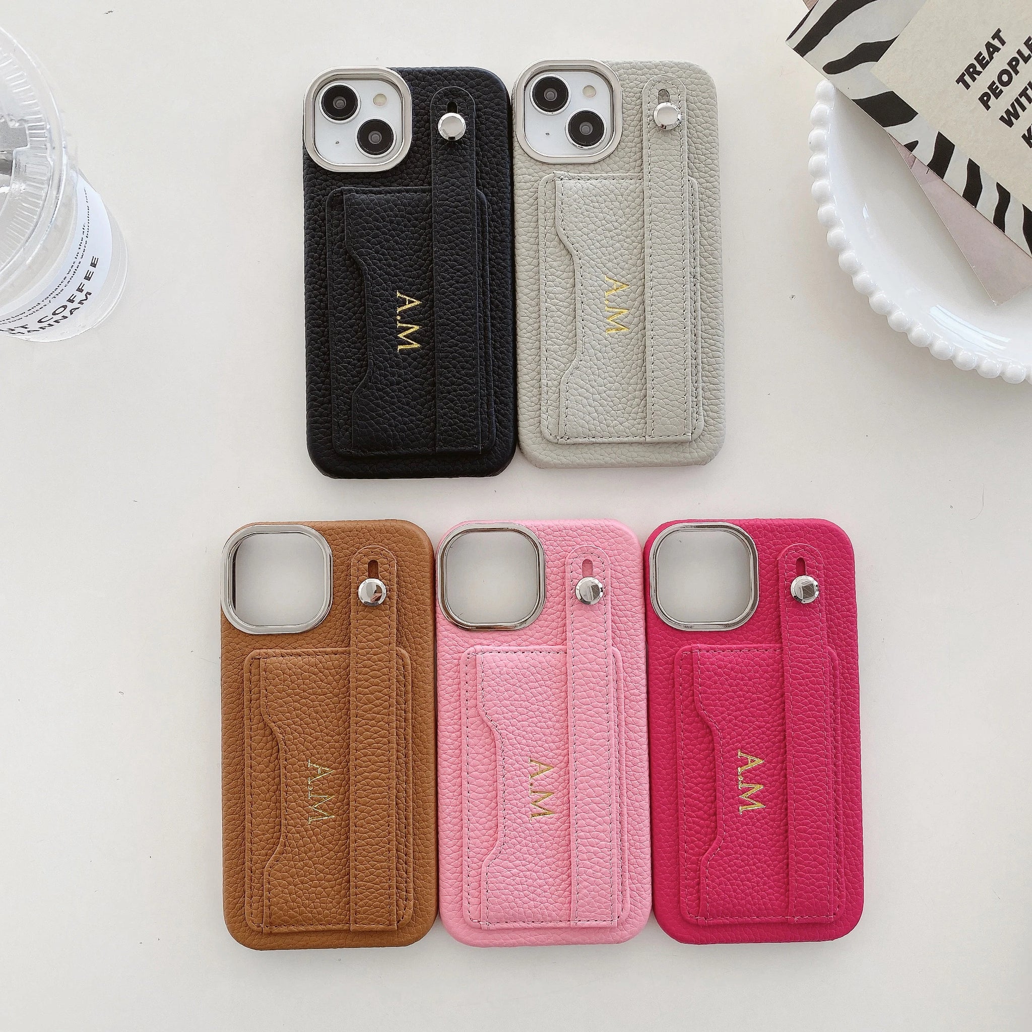 Customized Genuine Engraved Name Letter Leather Phone Case iPhone 15 14 13 12 11Promax Personalized Wristband CardHolder Cover