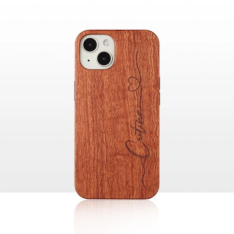 Personalized Custom Text Name Real Wood Phone Case For iPhone 15-12 Cherry Walnut Wooden Cover