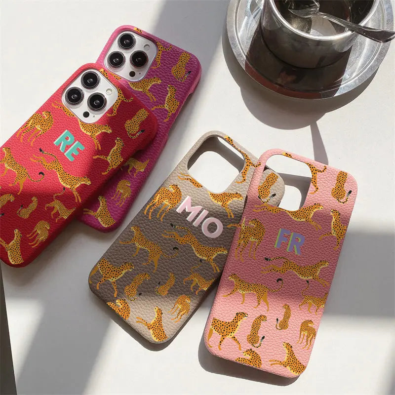 Personalized Initial Letter Pebble Grain Leather Leopard Case for iPhone 11, 12, 13, 14, 15, 16 Pro Max Luxury Hard Cover