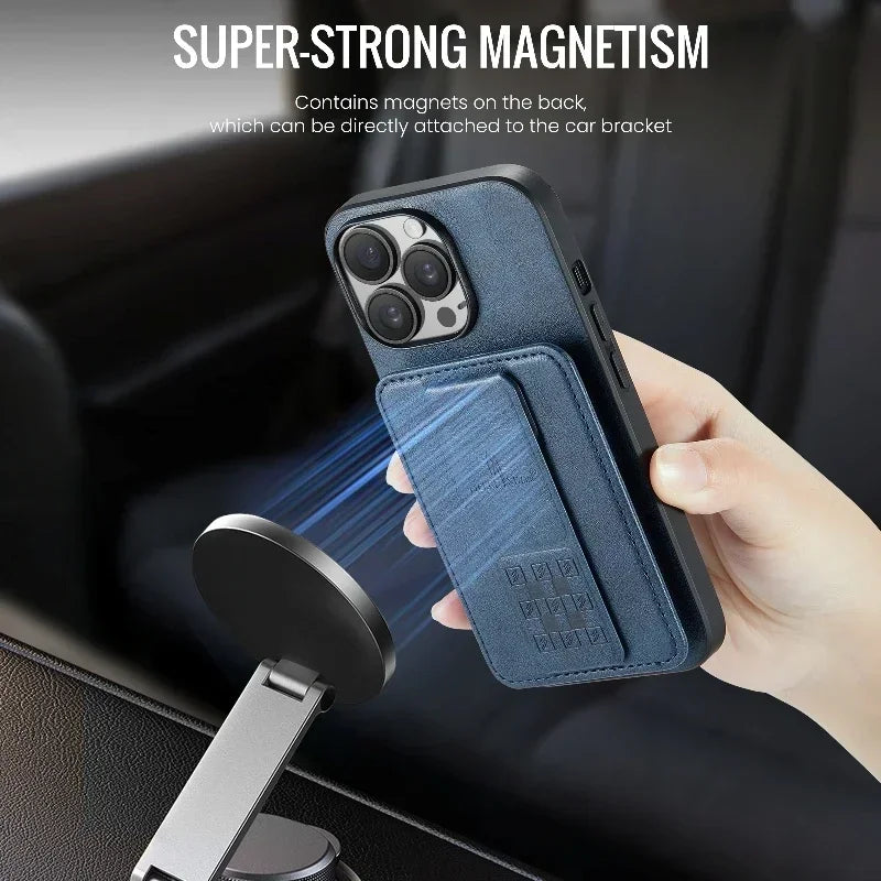 Magnetic Invisible folding Bracket Phone Case for iPhone Leather Bag Wallet Cards Solt stand Cover