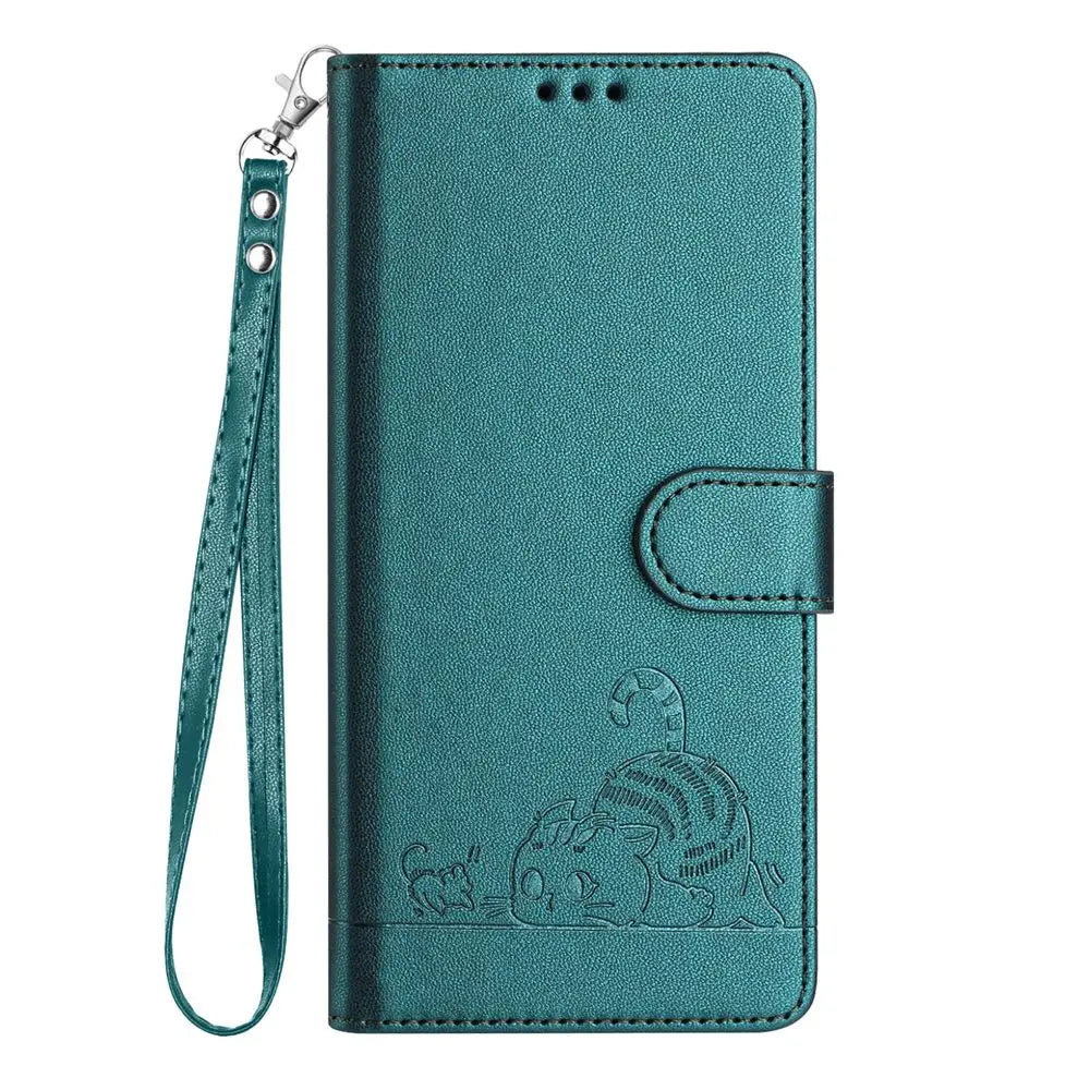 Cartoon Cat Leather Wallet Flip Phone Case for iPhone 16 15 14 13 12 11 Pro Max Plus Mini X XR – Card Holder, Shockproof, Stand, Strap, Magnetic Closure