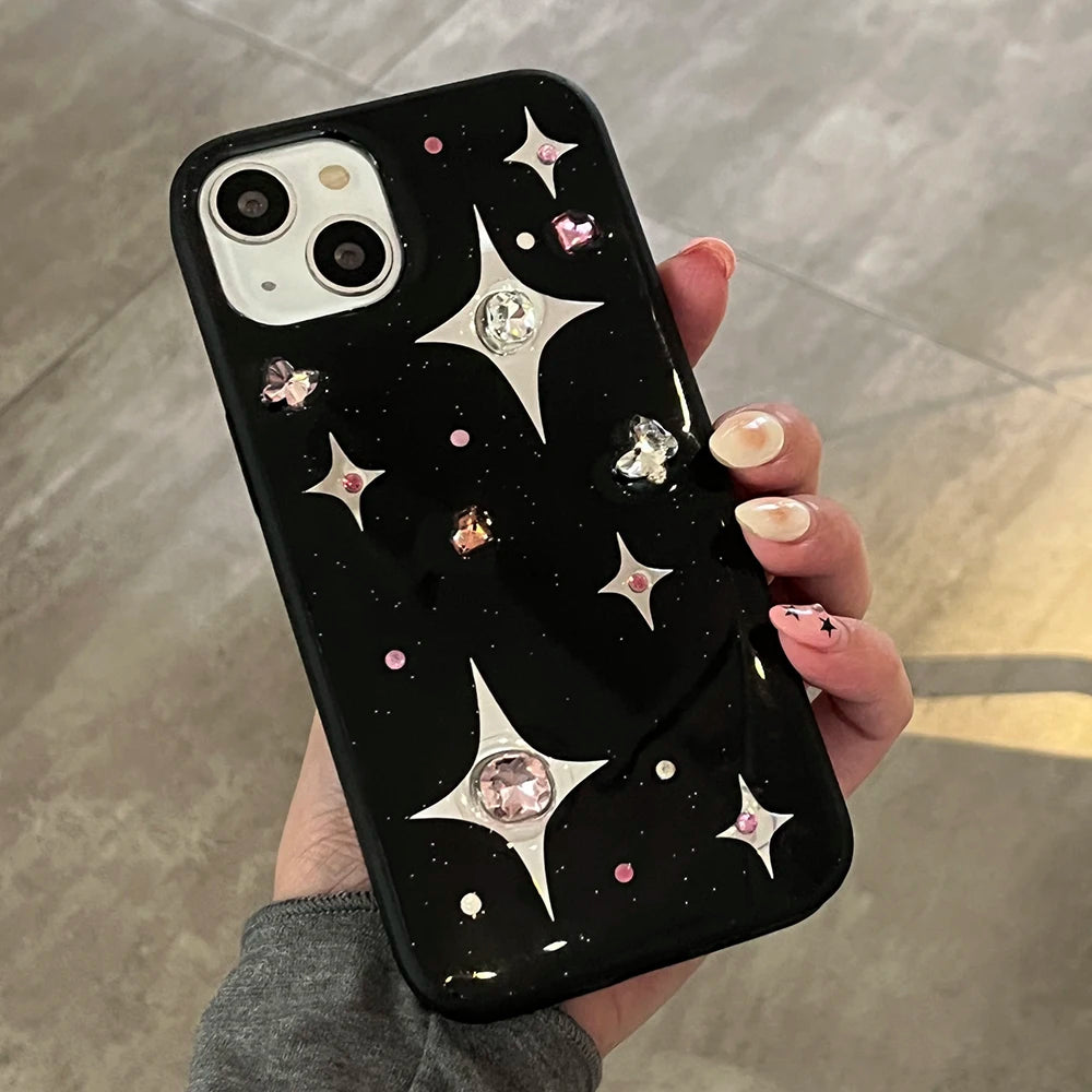 3D Rhinestone Star Phone Case For iPhone | Luxury Black Soft Back Cover