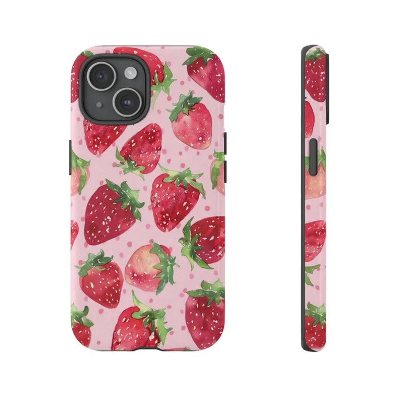 Watercolor Strawberry Phone Case For iPhone 15 Pro Max 14 13 12 11 Pro Plus Acrylic TPU Two in one Mobile Phone Case