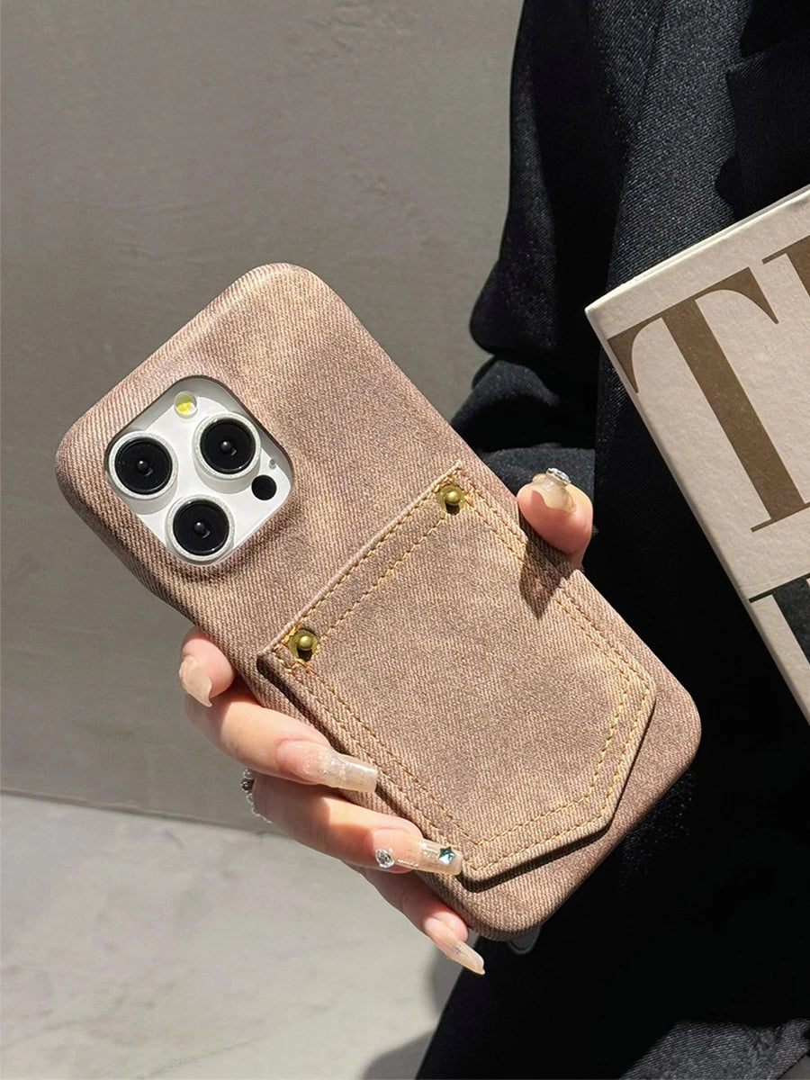 Luxury Denim Leather Card Bag Case For iPhone