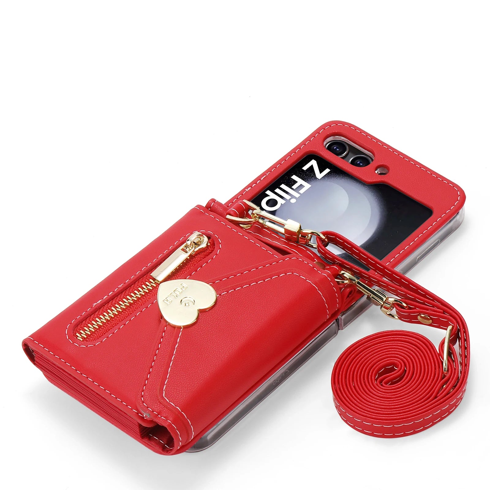 Zippered Cards Wallet Phone Case for Samsung Galaxy Z Flip5 Flip6 Flip4 Hinge Coverage Leather Cover With Strap