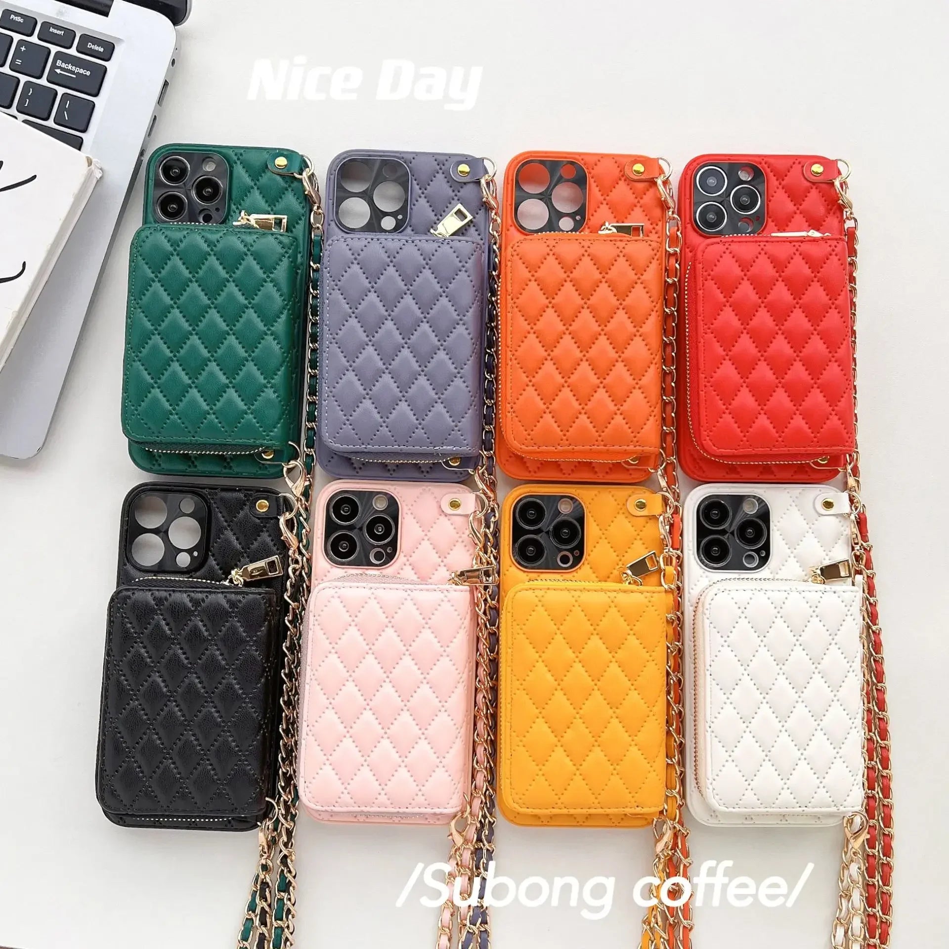 Crossbody Lanyard Strap Bag Phone Case for IPhone | Zipper Wallet Card Slot Holder Chain PU Leather Cover