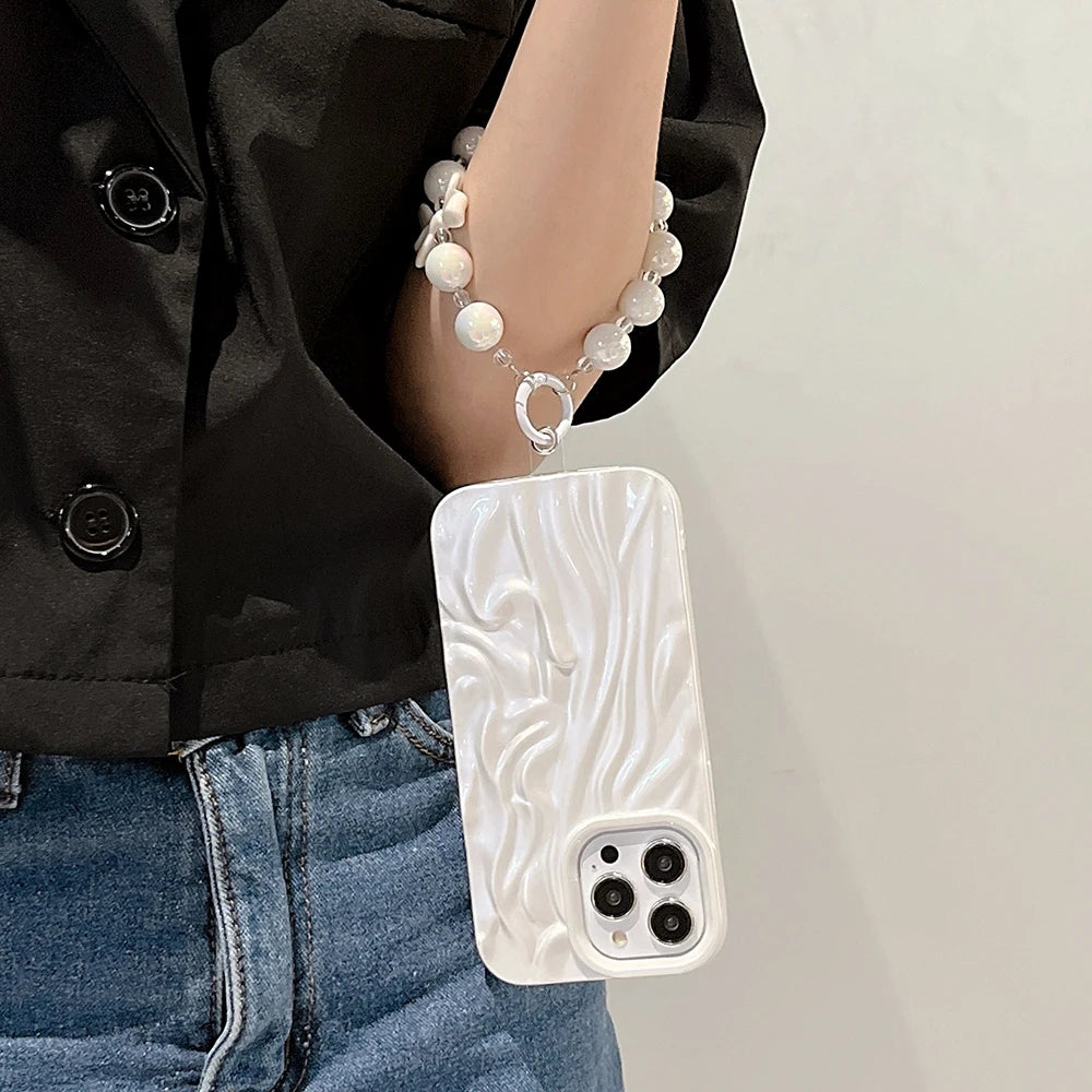 3D Fold Pattern Pearl White Color Phone Case For iPhone 15 14 13 12 11 Pro Max Bracelet Soft Shockproof Back Cover