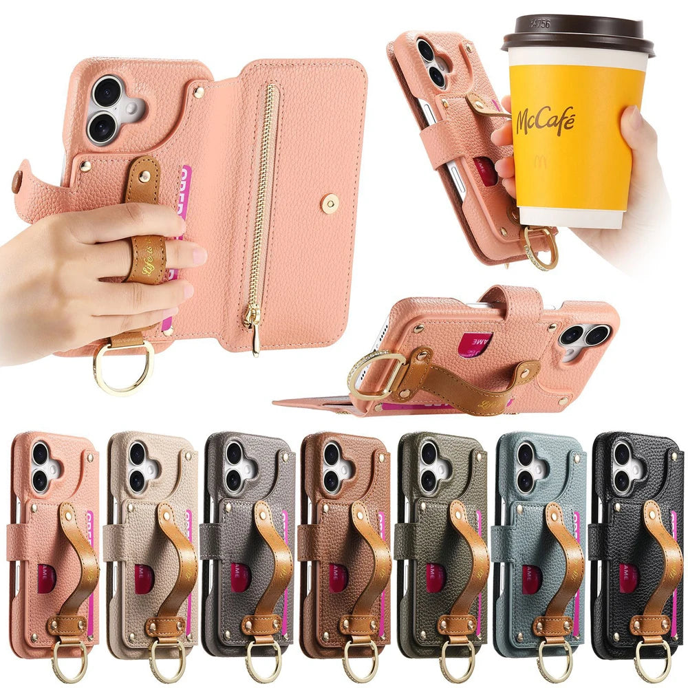 Litchi Patterned Flip Leather Wrist Strap Holder Phone Case for iPhone 16 15 Plus 14 13 12 Pro Max Card Bag Protection Cover