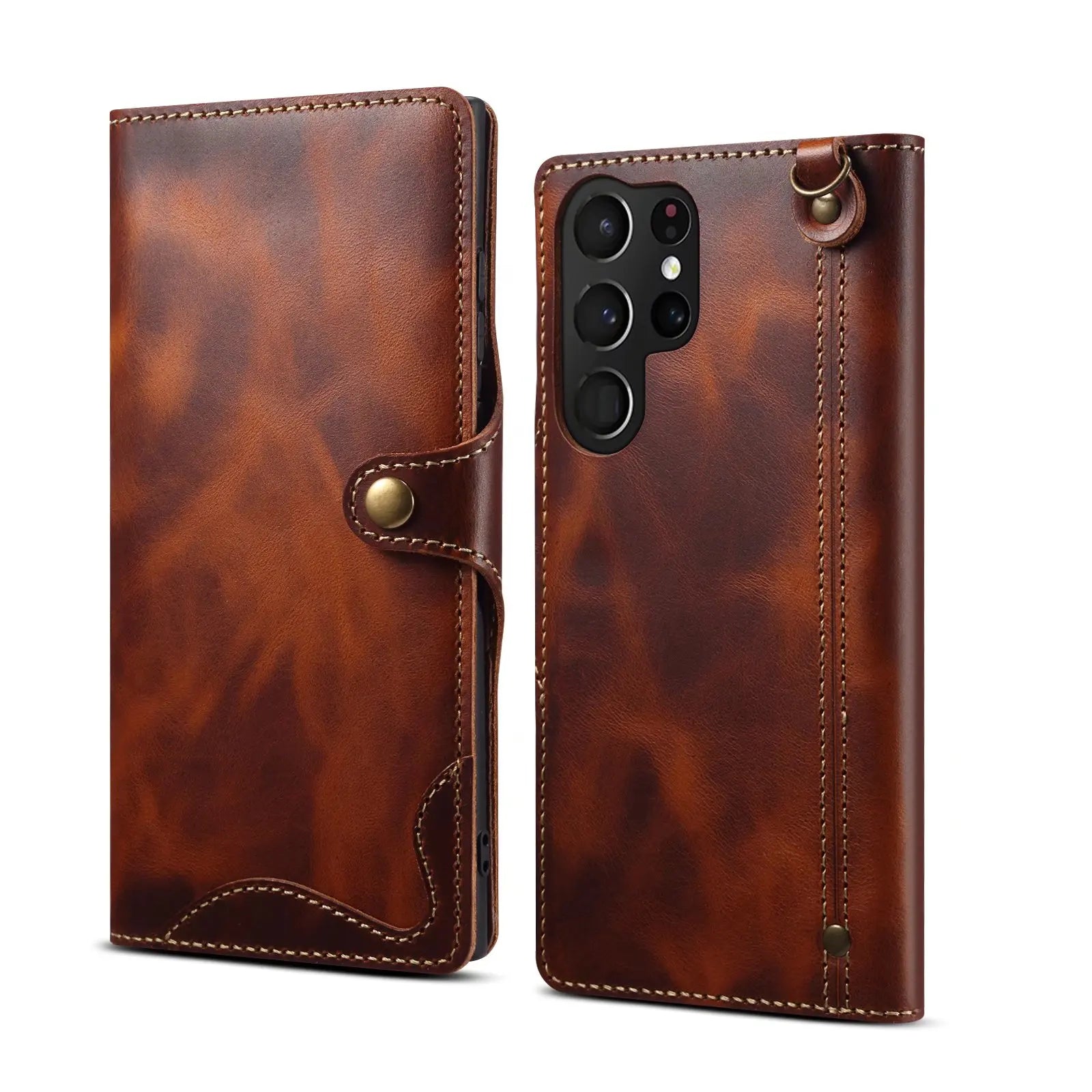 100% Genuine Leather Vintage Card Wallet Case for Samsung Galaxy S24/S23/S22 Ultra, Full Coverage Anti-Scratch Dustproof Protective Case