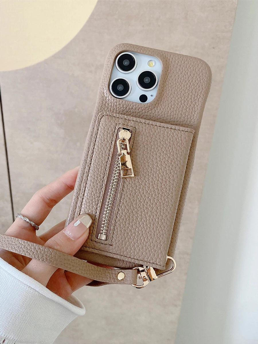 Luxury Lanyard Fold Card Holder PU Leather Case For iPhone Lichee Pattern Mirror Zipper Cover