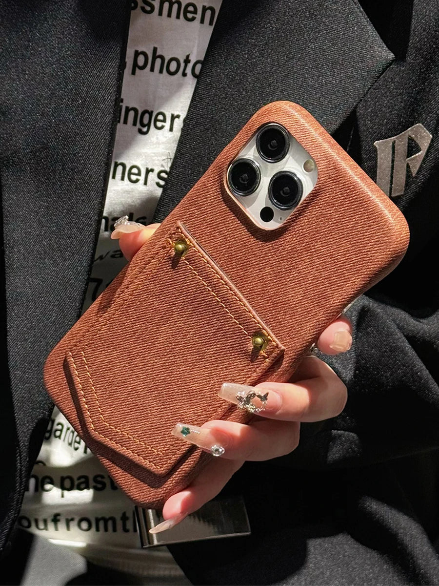 Luxury Denim Leather Card Bag Case For iPhone