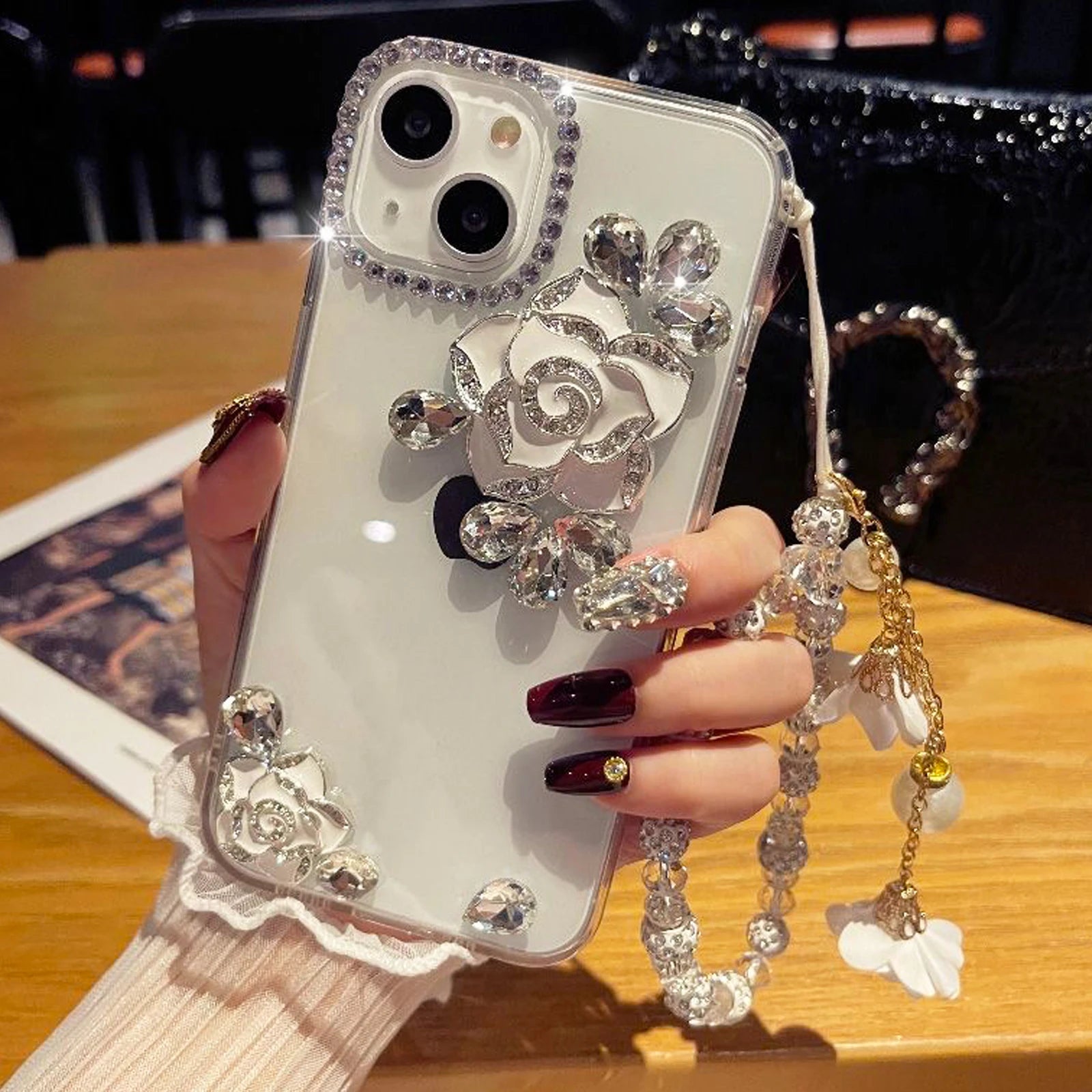 Bling Luxury Glitter Diamond Camellia Flower Strap Phone Case For iPhone Rotector Cover