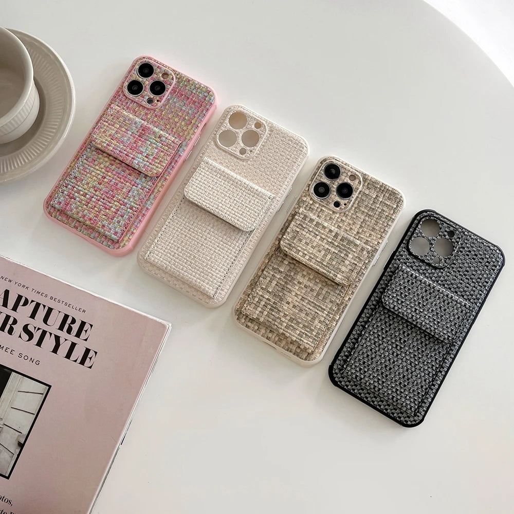 Card Slot Bag Holder Weave Pattern Case For iPhone Shockproof Wallet Cover