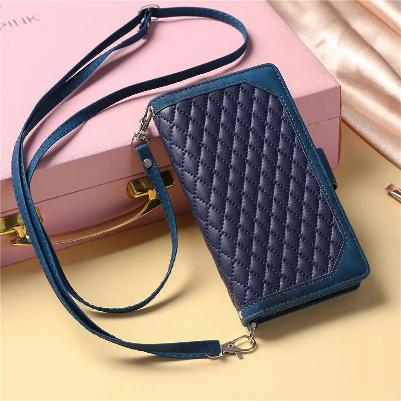 Long Lanyard Flip Leather Phone Case For iPhone Zipper Wallet Card Cover