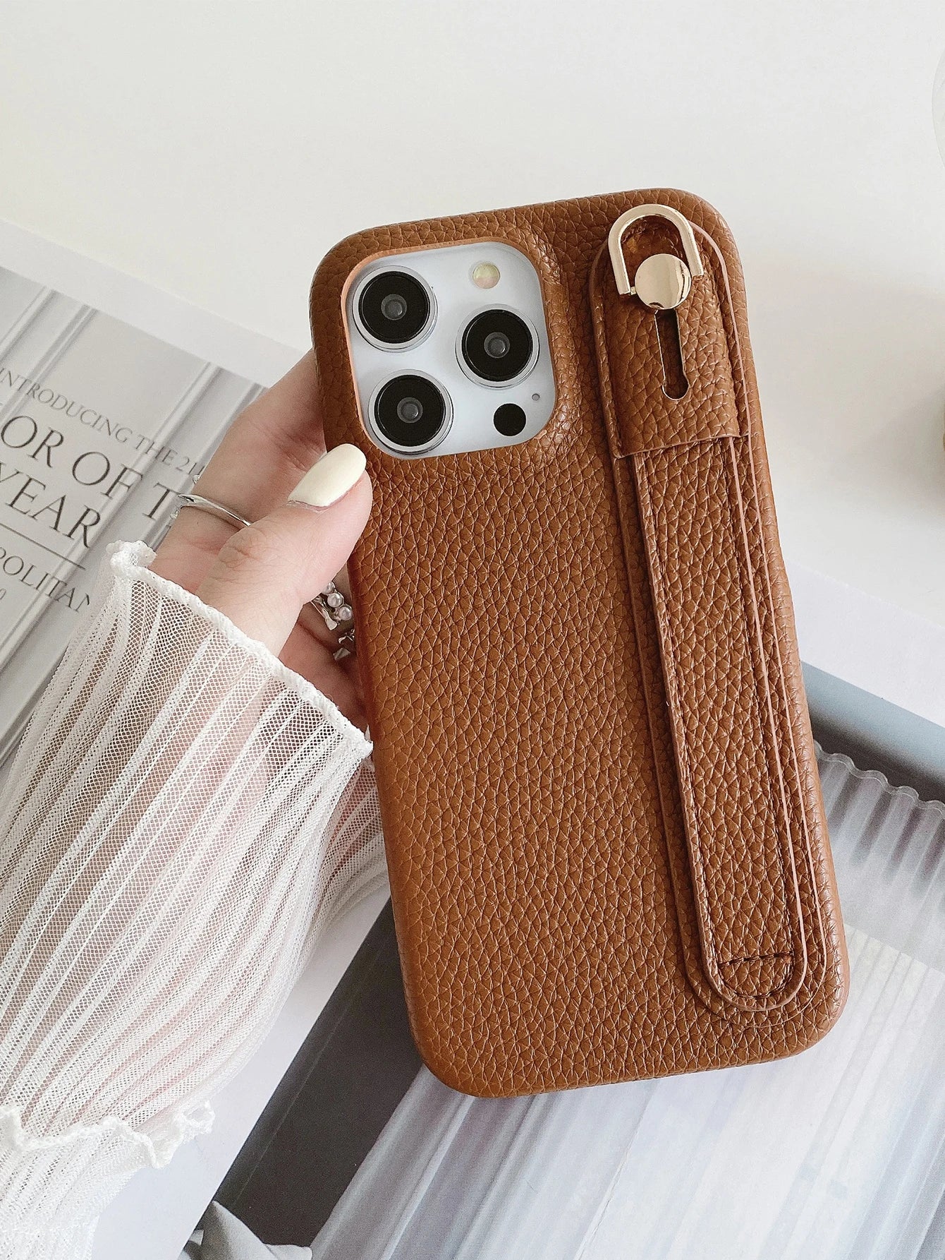 Lichee Pattern Wrist Strap Leather Case For iPhone Cover