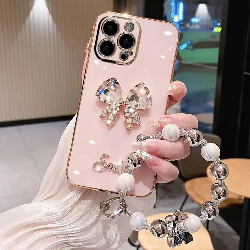 Luxury Crystal  Bow Diamond Bracelet Pearl Wrist Soft Phone Case For iPhone