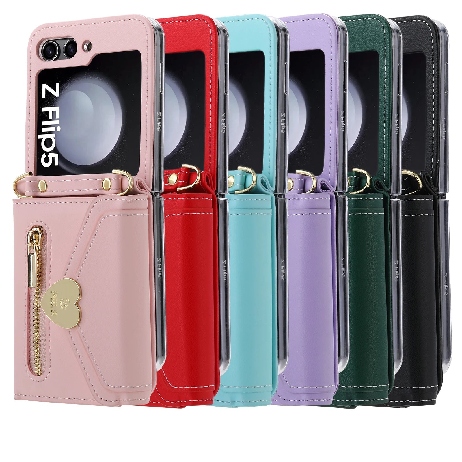 Zippered Cards Wallet Phone Case for Samsung Galaxy Z Flip5 Flip6 Flip4 Hinge Coverage Leather Cover With Strap