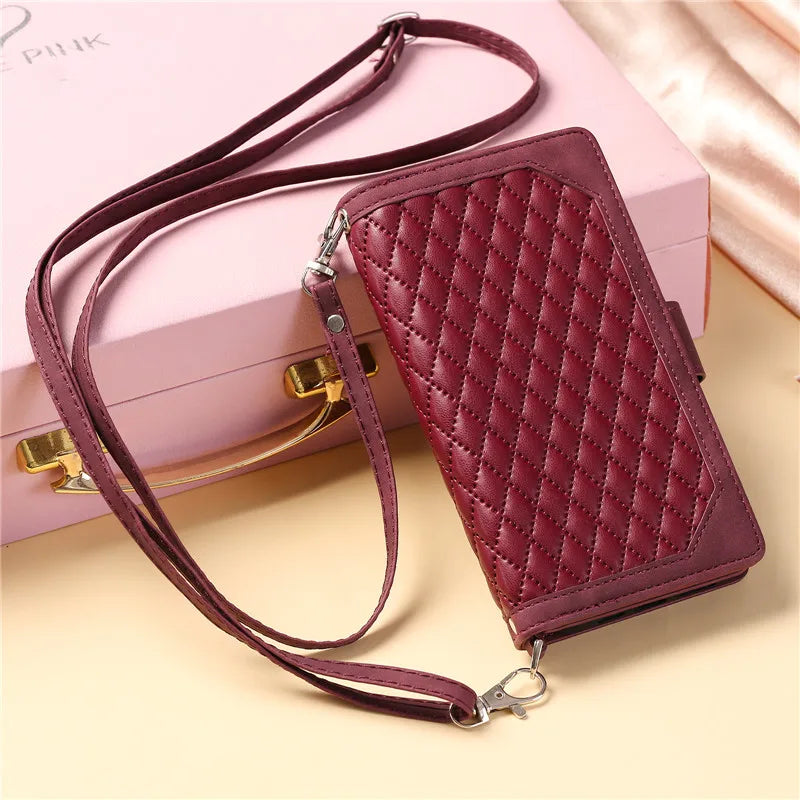 Long Lanyard Flip Leather Phone Case For iPhone Zipper Wallet Card Cover