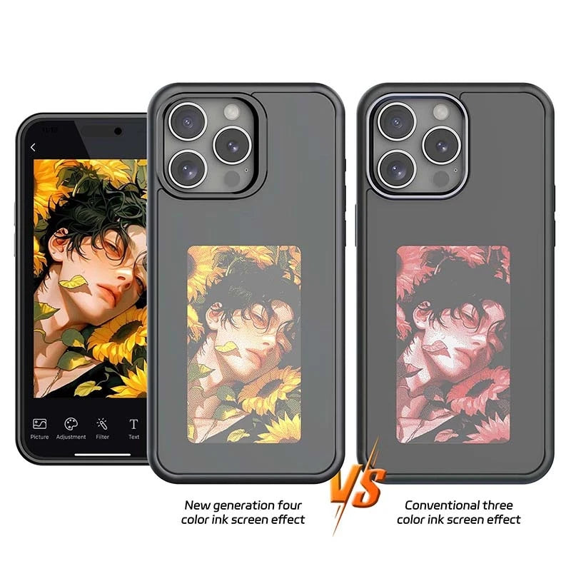 4 Colors High end E-Ink screen Full Wrap Phone case For iPhone 16 15 14 13, Couple Family Photo DIY Pattern Screen projection shell