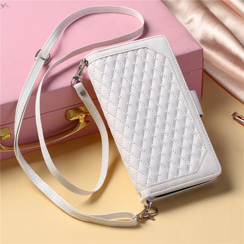 Zippered Multi-Card Slots Flip Leather Phone Case for iPhone Lozenge Wallet Card Holder with Long Lanyard, Short Bracelet