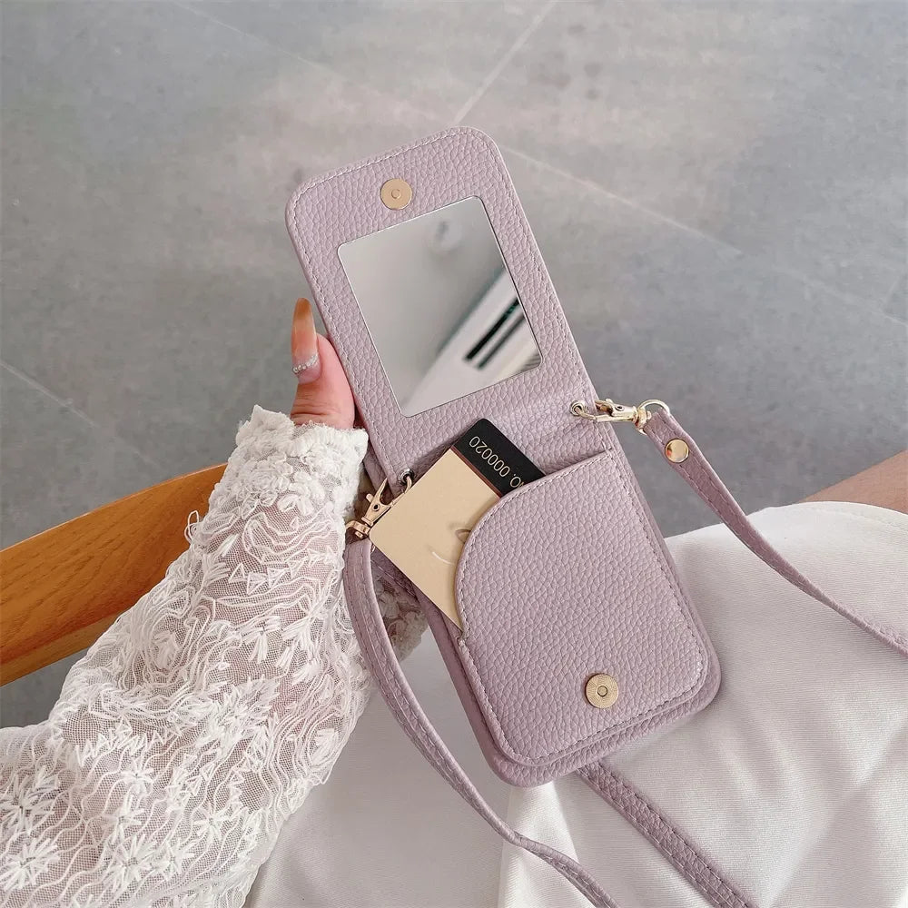 Luxury Makeup Mirror Flip Wallet Case for iPhone 16 15 14 13 12 11 Pro Max Plus with Card Holder, Ring Stand, Crossbody Lanyard & PU Leather Cover